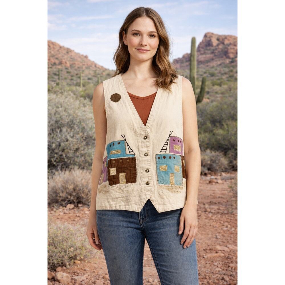Vintage Sundance 80s 90s Southwestern Pueblo Denim Vest Medium Novelty USA